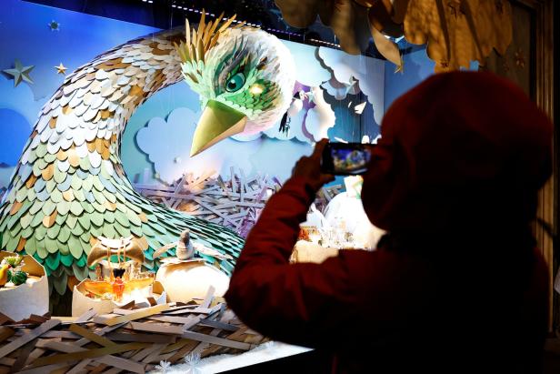 Eine Person fotografiert ein Schaufenster mit einem großen, bunten Vogel und kleinen Figuren in einem Nest.