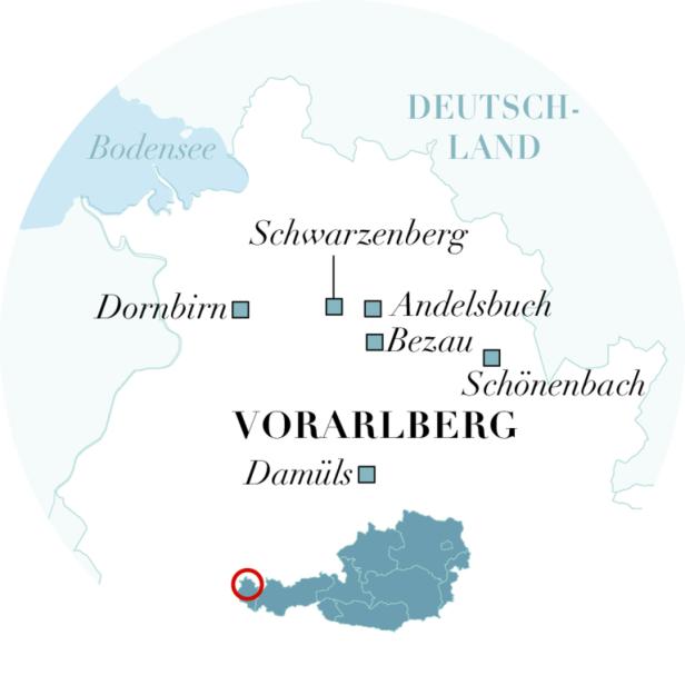 Eine Karte von Vorarlberg mit eingezeichneten Orten wie Dornbirn, Schwarzenberg und Damüls.