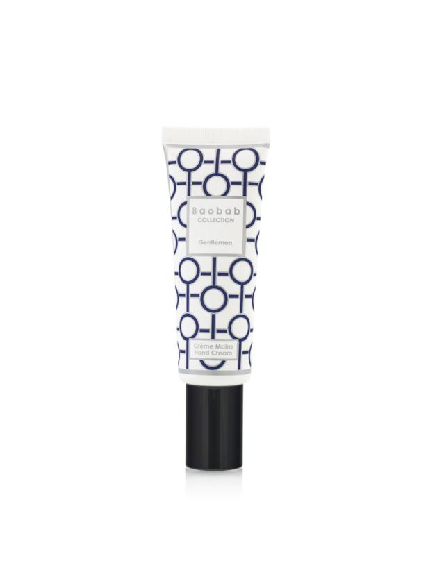 Eine Tube „Baobab Collection Gentlemen“ Handcreme mit geometrischem Muster.