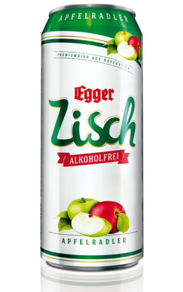 Eine Dose Egger Zisch Apfelradler Alkoholfrei mit Äpfeln verziert.