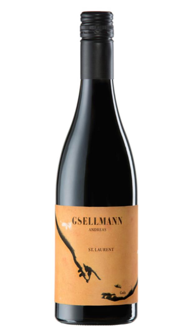Eine Flasche Gsellmann Andreas St. Laurent Rotwein mit einem abstrakten Etikett.