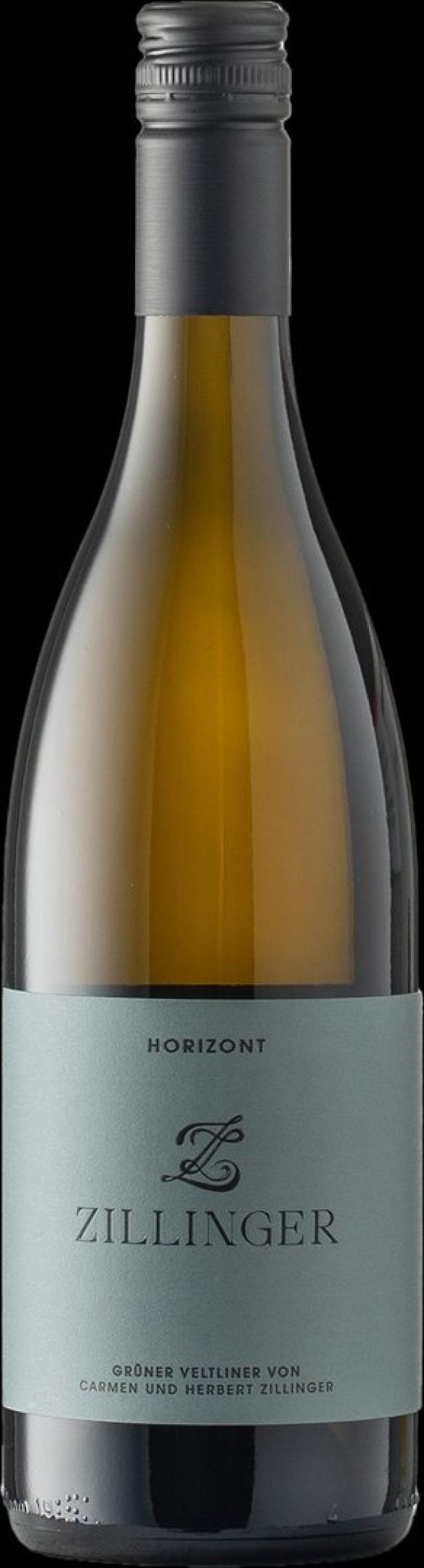 Eine Flasche Grüner Veltliner „Horizont“ vom Weingut Zillinger.
