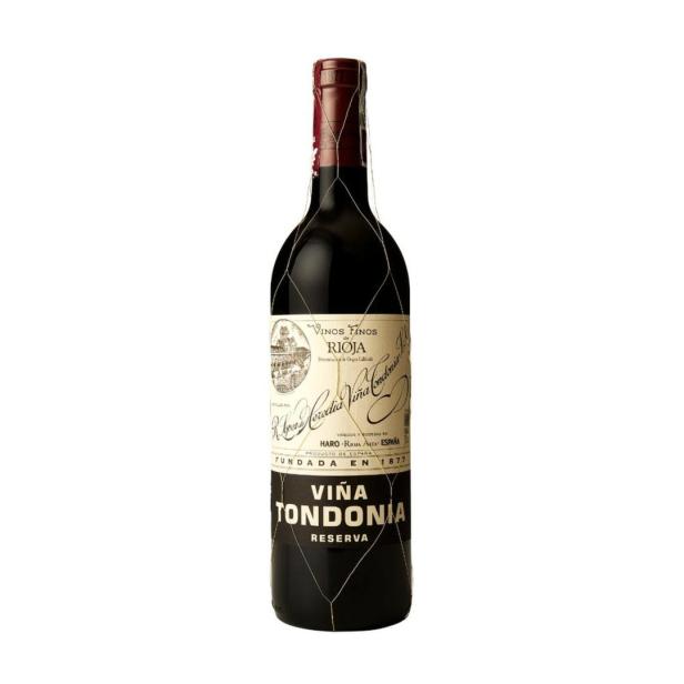 Eine Flasche „Viña Tondonia Reserva“ Rioja Wein, umhüllt von einem goldenen Netz.