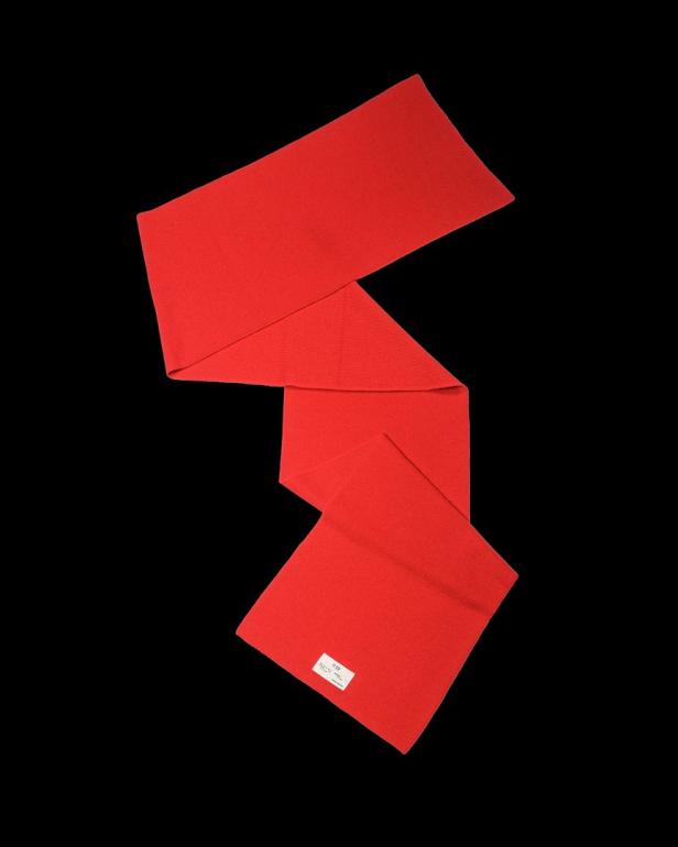 Ein roter Schal liegt auf einem schwarzen Hintergrund.
