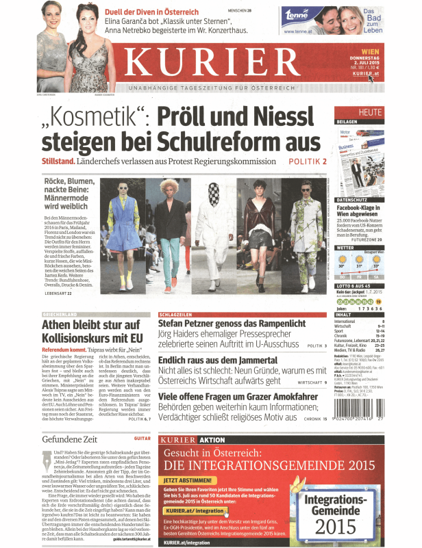 Titelseite der österreichischen Tageszeitung „Kurier“ vom 2. Juli 2015.