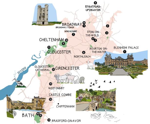 Eine illustrierte Karte der Cotswolds mit Sehenswürdigkeiten wie Blenheim Palace und Broadway Tower.