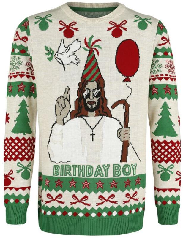 Ein Weihnachtspullover mit Jesus mit Sonnenbrille, Partyhut und der Aufschrift „Birthday Boy“.
