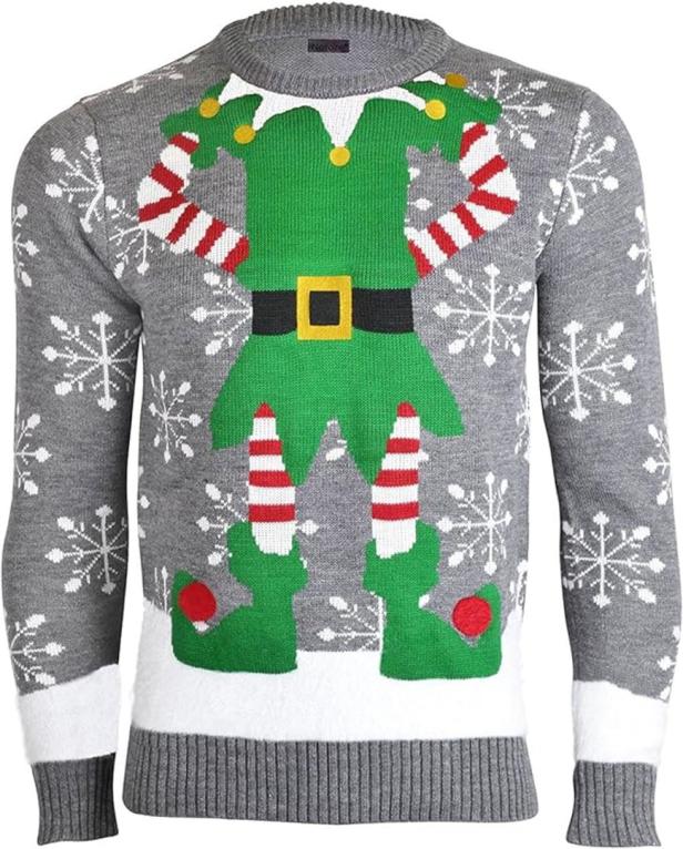 Ein grauer Weihnachtspullover mit einem Elfenkostüm-Design.