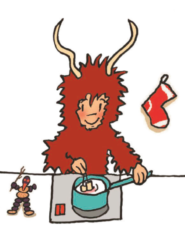 Ein Krampus bereitet Punsch zu, während ein Krampusknecht daneben steht.