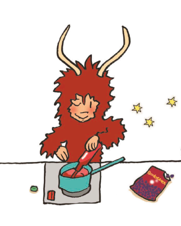 Ein Krampus kocht Punsch mit Brombeeren.