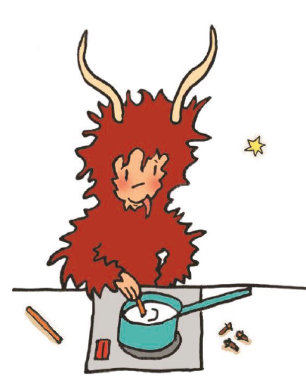 Ein Krampus rührt Zutaten für Punsch in einem Topf.