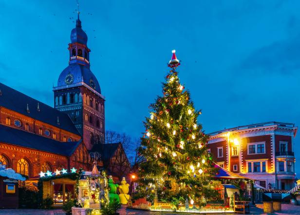 Ein Weihnachtsbaum steht auf einem Platz in Riga vor dem Dom zu Riga.