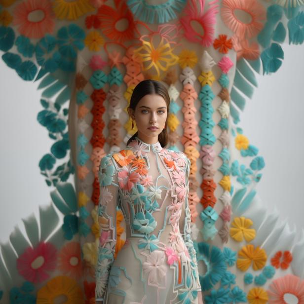 Eine Frau trägt ein transparentes Kleid mit bunten Blumenapplikationen vor einem farbenfrohen Hintergrund.