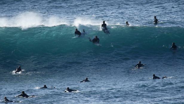Mehrere Surfer warten im Meer auf die nächste Welle.
