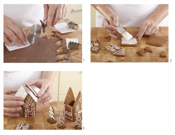 Eine Person backt und verziert ein Lebkuchenhaus in drei Schritten.