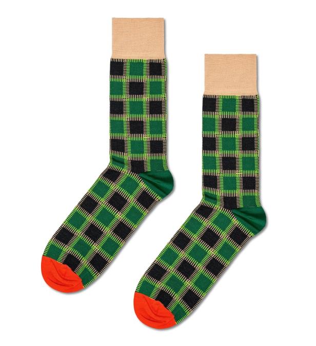Zwei karierte Socken in Grün und Schwarz mit orangefarbenen Zehen und beigem Bund.