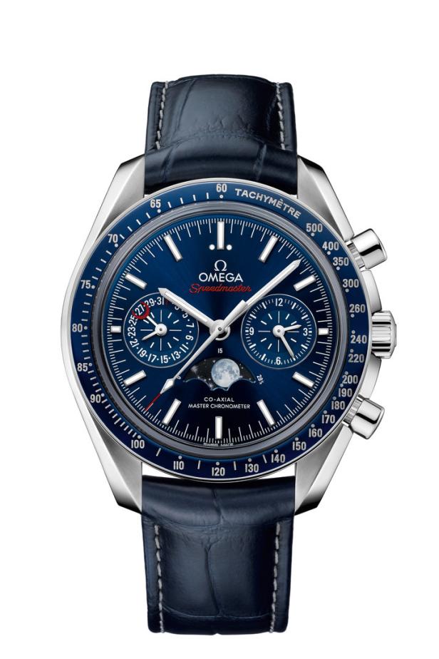Eine blaue Omega Speedmaster Uhr mit Mondphasenanzeige und Lederarmband.