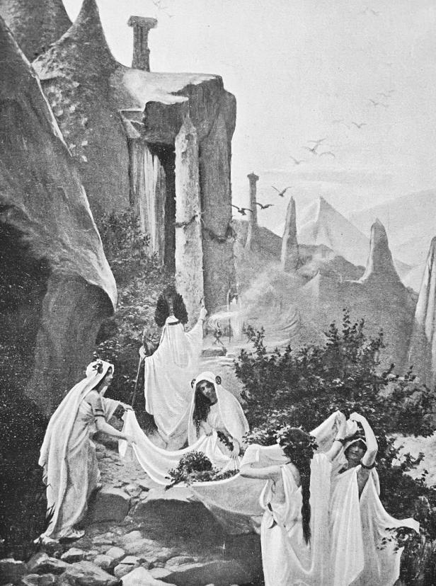 Illustration aus dem 19. Jahrhundert: Junge Frauen im weißen Gewand ernten Misteln