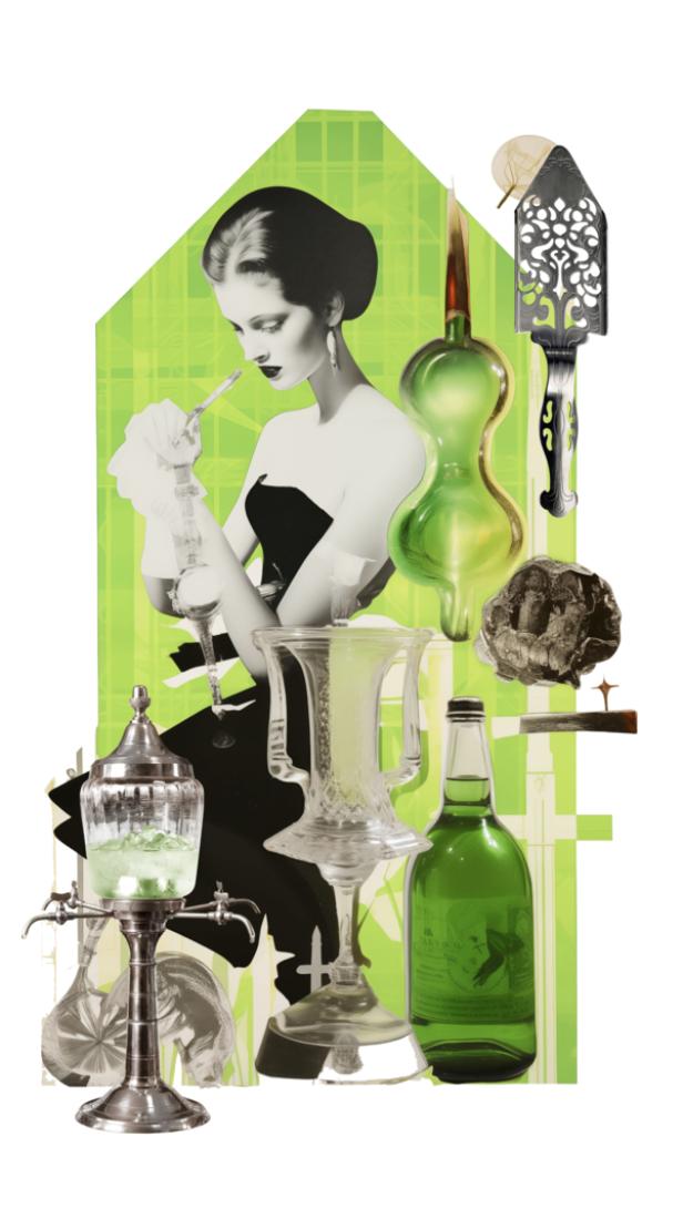 Eine Frau bereitet Absinth mit einem Absinthbrunnen und verschiedenen Utensilien zu.