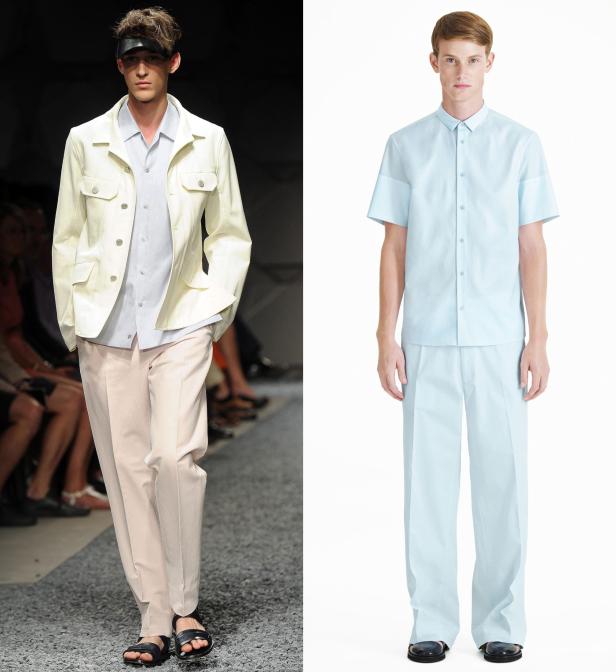 Zwei Männer präsentieren helle Sommeroutfits, der eine auf einem Laufsteg, der andere vor einem weißen Hintergrund.