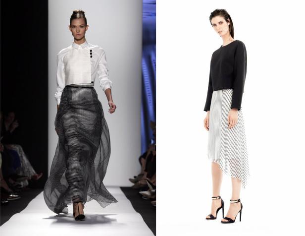 Zwei Models präsentieren Mode mit gestreiften Röcken und schwarzen Absätzen.