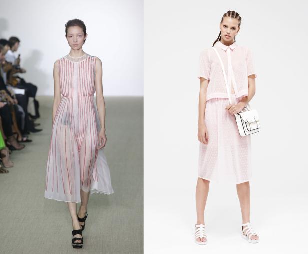 Zwei Models präsentieren transparente Kleider in Rosa- und Rottönen.