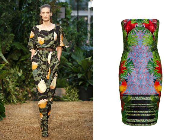 Eine Frau auf dem Laufsteg in einem Overall mit Blumenmuster, daneben ein Kleid mit Papageienmuster.