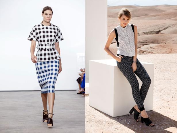 Zwei Models präsentieren Mode mit Karomuster vor unterschiedlichen Hintergründen.