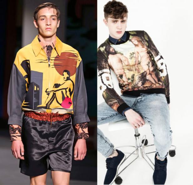 Zwei Männer präsentieren Mode mit auffälligen Mustern und Designs.
