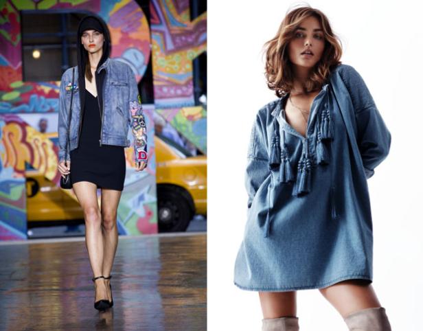 Zwei Models präsentieren Mode aus Denim: eine Jacke und ein Kleid.