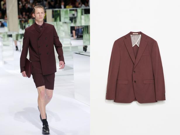 Ein Mann auf dem Laufsteg trägt einen burgunderfarbenen Blazer mit passenden Shorts. Daneben hängt ein Blazer an einer Wand.
