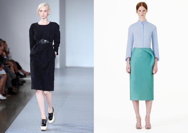 Zwei Models präsentieren unterschiedliche Kleider auf einem Laufsteg und vor einem weißen Hintergrund.
