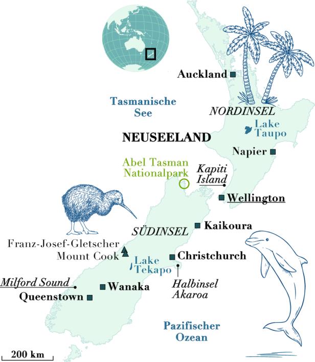 Eine Karte von Neuseeland mit Städten, dem Abel-Tasman-Nationalpark und einem Kiwi-Vogel.