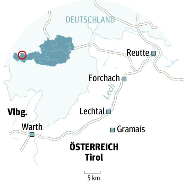 Grafik Lage Lechtal/Forchach/Gramais in Tirol, Österreich