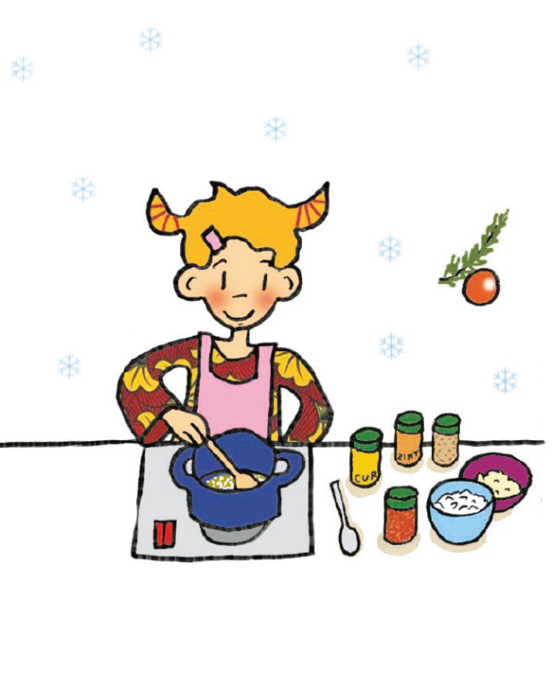Ein Mädchen kocht Wintersuppe mit verschiedenen Gewürzen.