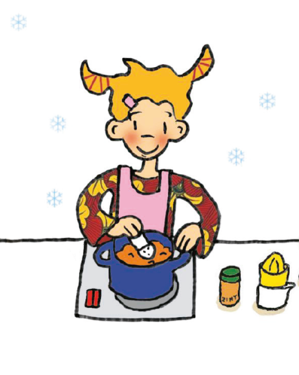 Eine junge Frau kocht eine Suppe, während draußen Schnee fällt.