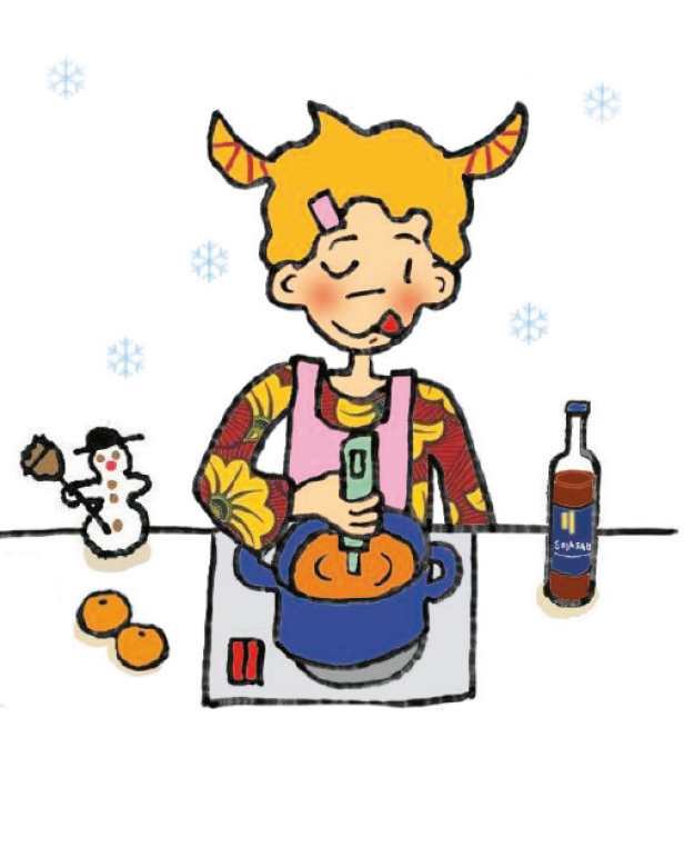 Eine Person mit Hörnern kocht Wintersuppe mit einem Stabmixer.