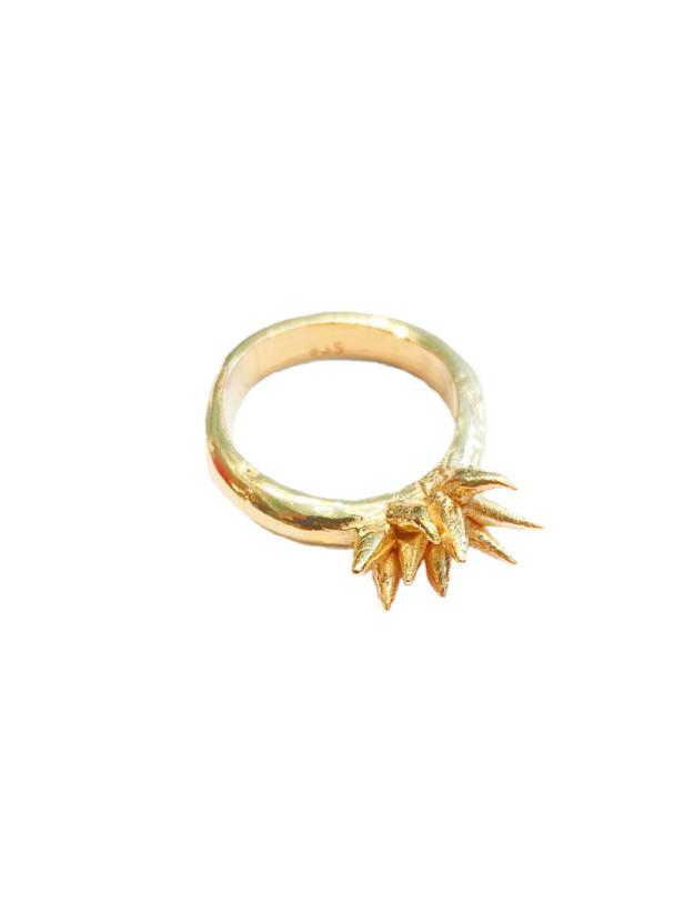 Ein goldener Ring mit einem stacheligen, blütenartigen Ornament.