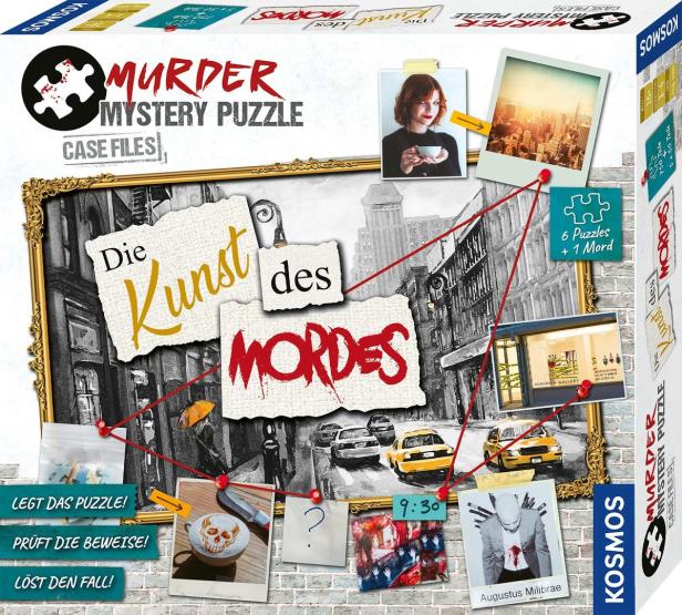 Das Cover des „Murder Mystery Puzzle: Die Kunst des Mordes“ mit Hinweisen und Puzzleteilen.