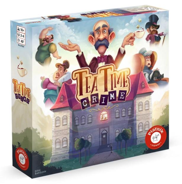 Die Verpackung des Brettspiels „Tea Time Crime“ mit Illustrationen von Charakteren und einem Herrenhaus.