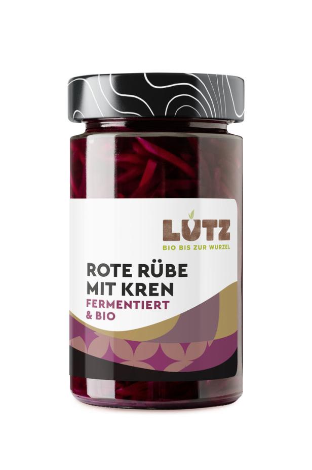 Ein Glas eingelegte, fermentierte rote Rüben mit Kren der Marke Lutz.