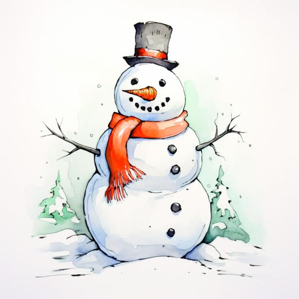 Ein Schneemann mit Hut und Schal steht im Schnee.