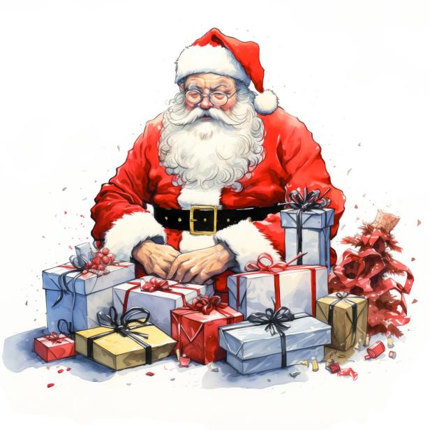 Der Weihnachtsmann sitzt inmitten von Geschenken.