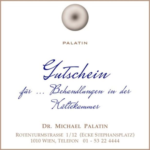 Ein Gutschein für Behandlungen in der Kältekammer von Dr. Michael Palatin in Wien.