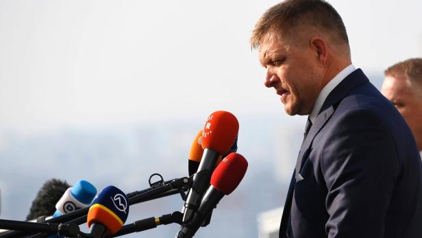 Ein Mann im Anzug spricht vor einer Reihe von Mikrofonen.