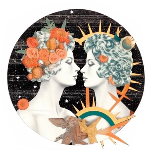 Zwei Frauenprofile mit Blumen im Haar stehen einander gegenüber, umgeben von Sternen und Sonnenstrahlen.