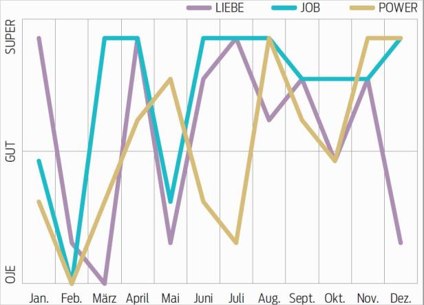 Ein Liniendiagramm zeigt die Entwicklung von Liebe, Job und Power über ein Jahr.