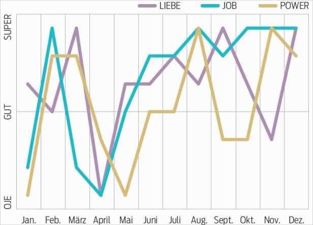 Ein Liniendiagramm zeigt die Entwicklung von „Liebe“, „Job“ und „Power“ über ein Jahr.
