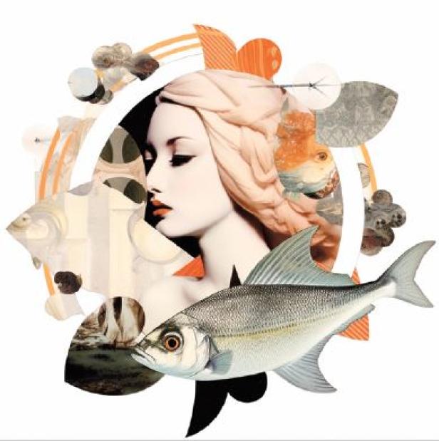 Eine Collage mit dem Porträt einer Frau, Fischen und abstrakten Elementen.