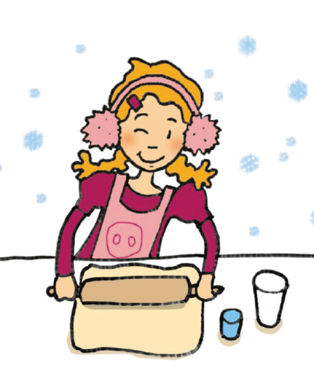 Ein Mädchen mit Ohrenschützern rollt Teig aus, während es schneit.